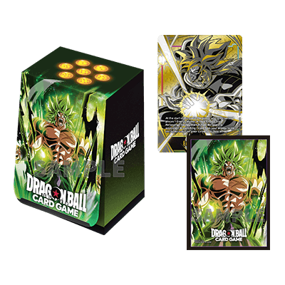 Dragon Ball card game deck box with Broly artwork and two collectible trading cards